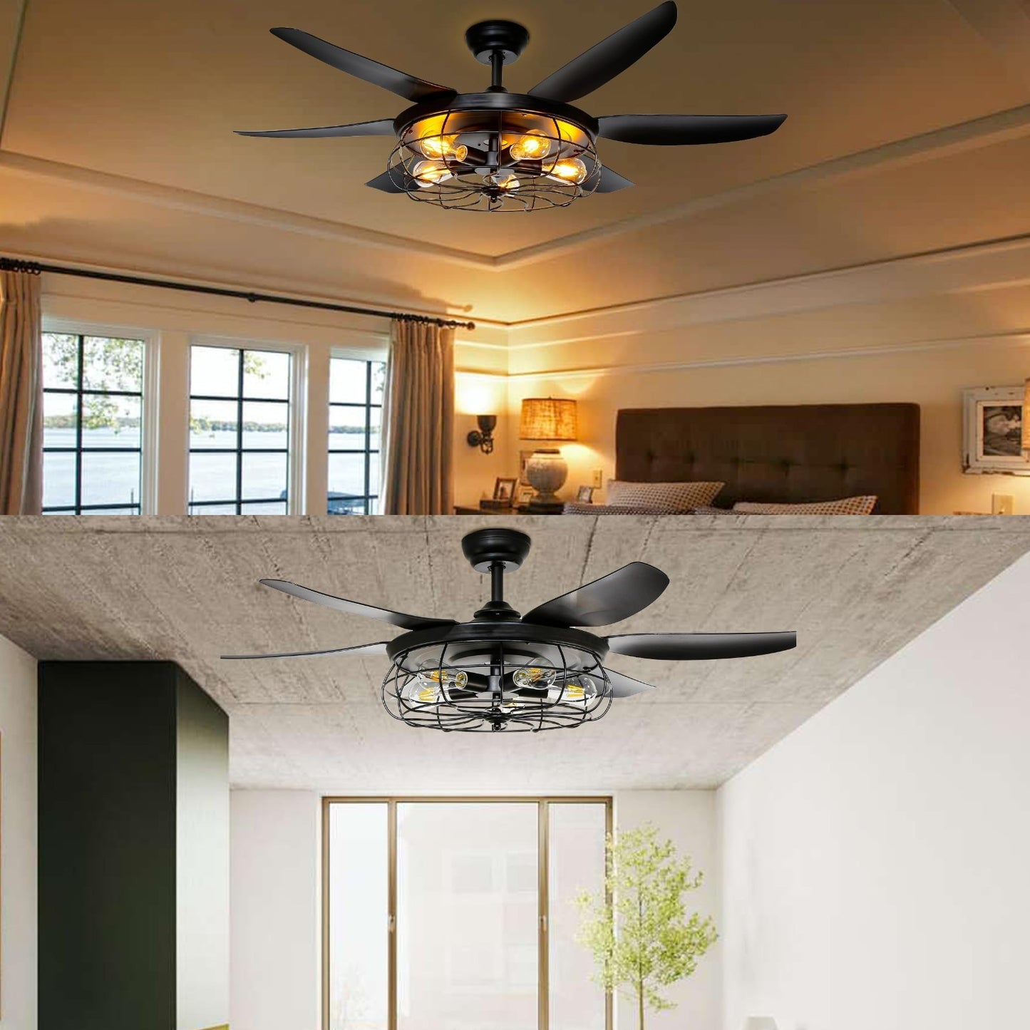 52" Rustic Farmhouse Ceiling Fan with Lights & Remote | Caged Fixture for Indoor2