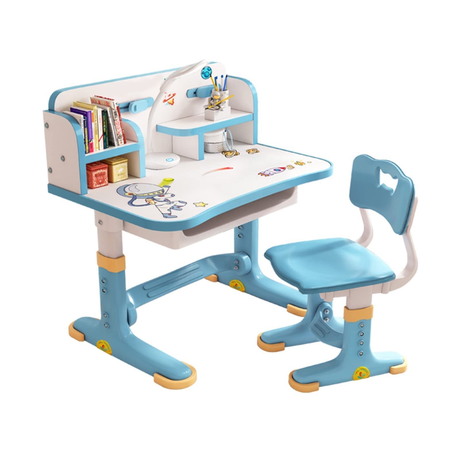 Kids Adjustable Height Study Desk & Chair Set, Widened Desktop, Cartoon Design,1