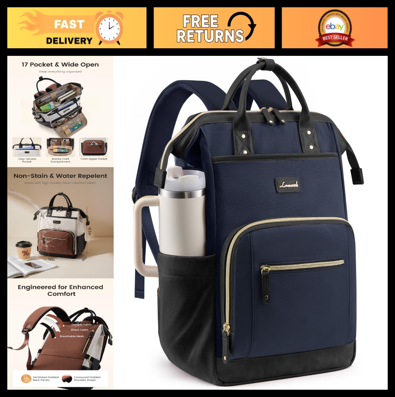 Stylish Laptop Backpack with Tumbler Holder, 15.6" Computer Bag for Work & Trave0