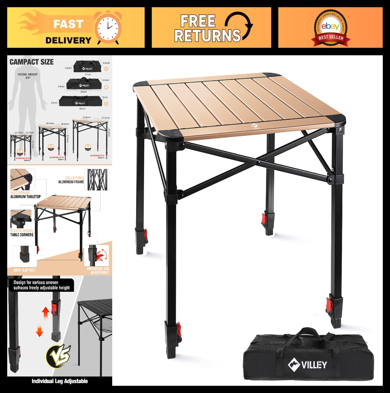 Lightweight Adjustable Folding Camping Table with Carry Bag - Outdoor Picnic BBQ0