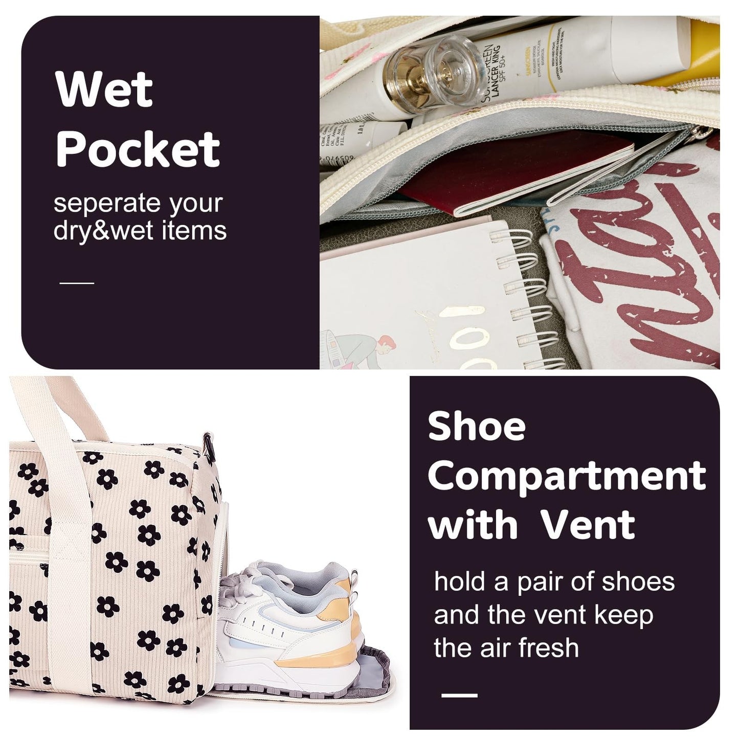 Cute Girls Duffle Bag with Shoes Compartment & Wet Separation - Waterproof Gym &4