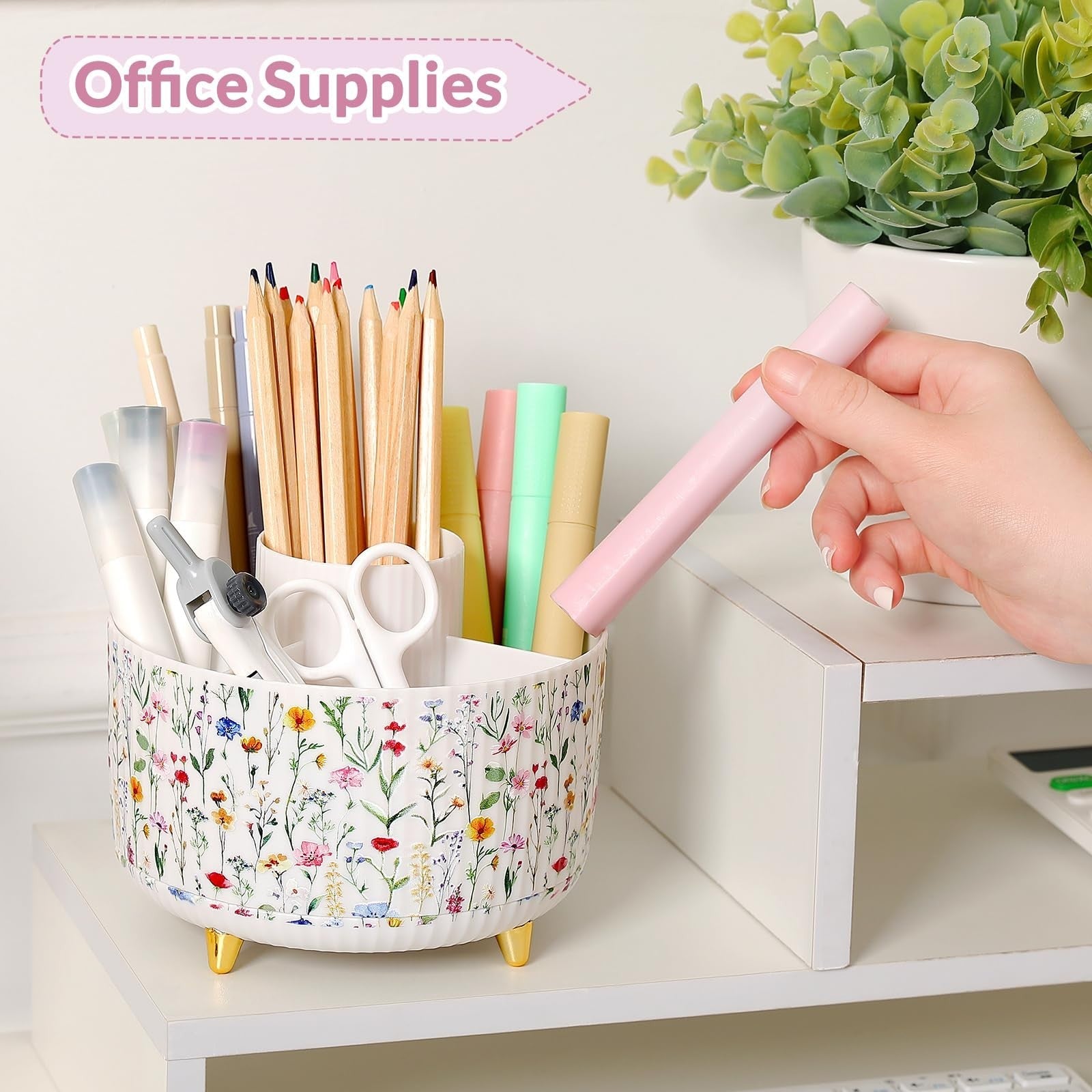 360° Rotating Desk Organizer   Dual Purpose Pen Holder, 5 Slot Pencil Cup for Of2