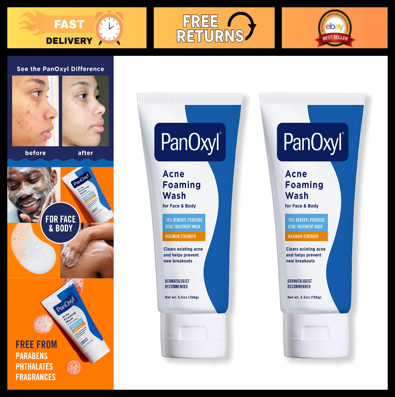 Acne Foaming Wash 10% Benzoyl Peroxide, 5.5 oz - Pack of 2, Clear Skin Solution0