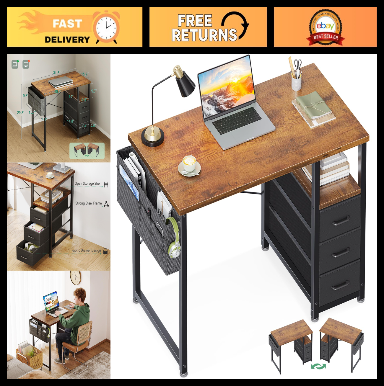 Compact 32" Study Desk with Fabric Drawers, Home Office Storage for Small Spaces0