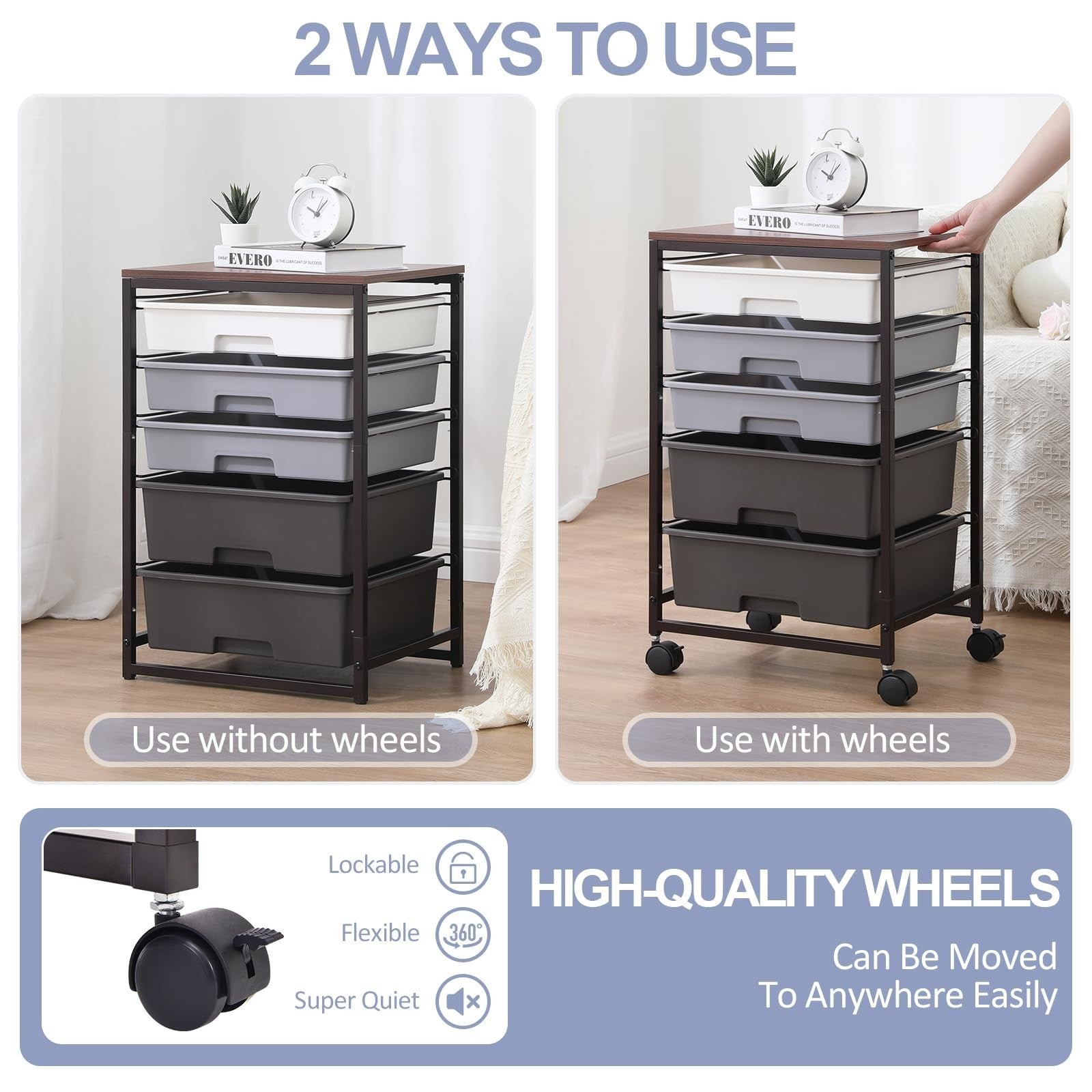 5 Drawer Utility Cart with Wooden Top, Lockable Wheels, Rolling Storage Trolley,6