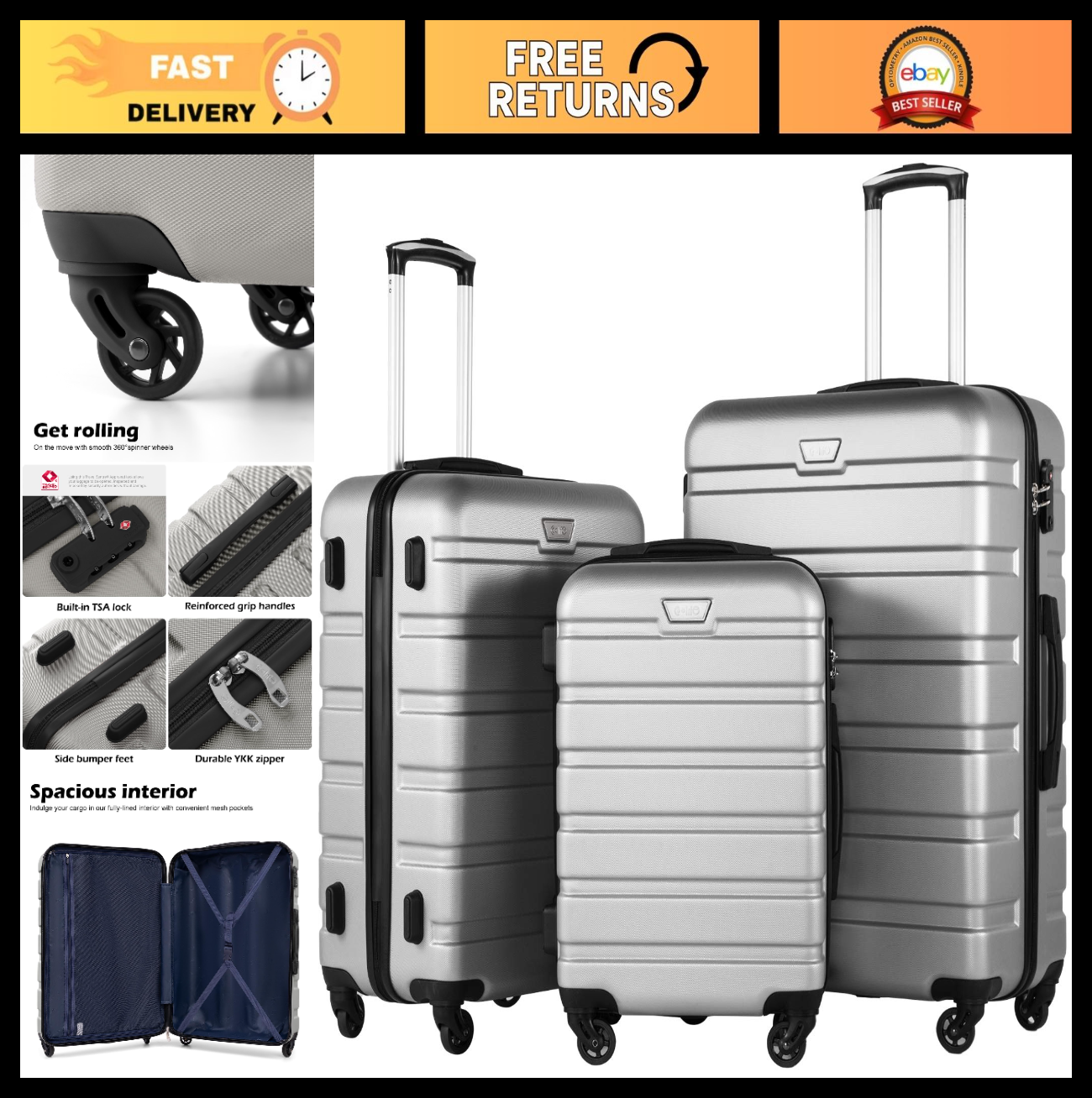 Lightweight 3-Piece Hardshell Luggage Set, 360° Spinner Wheels, TSA Lock, Silver0