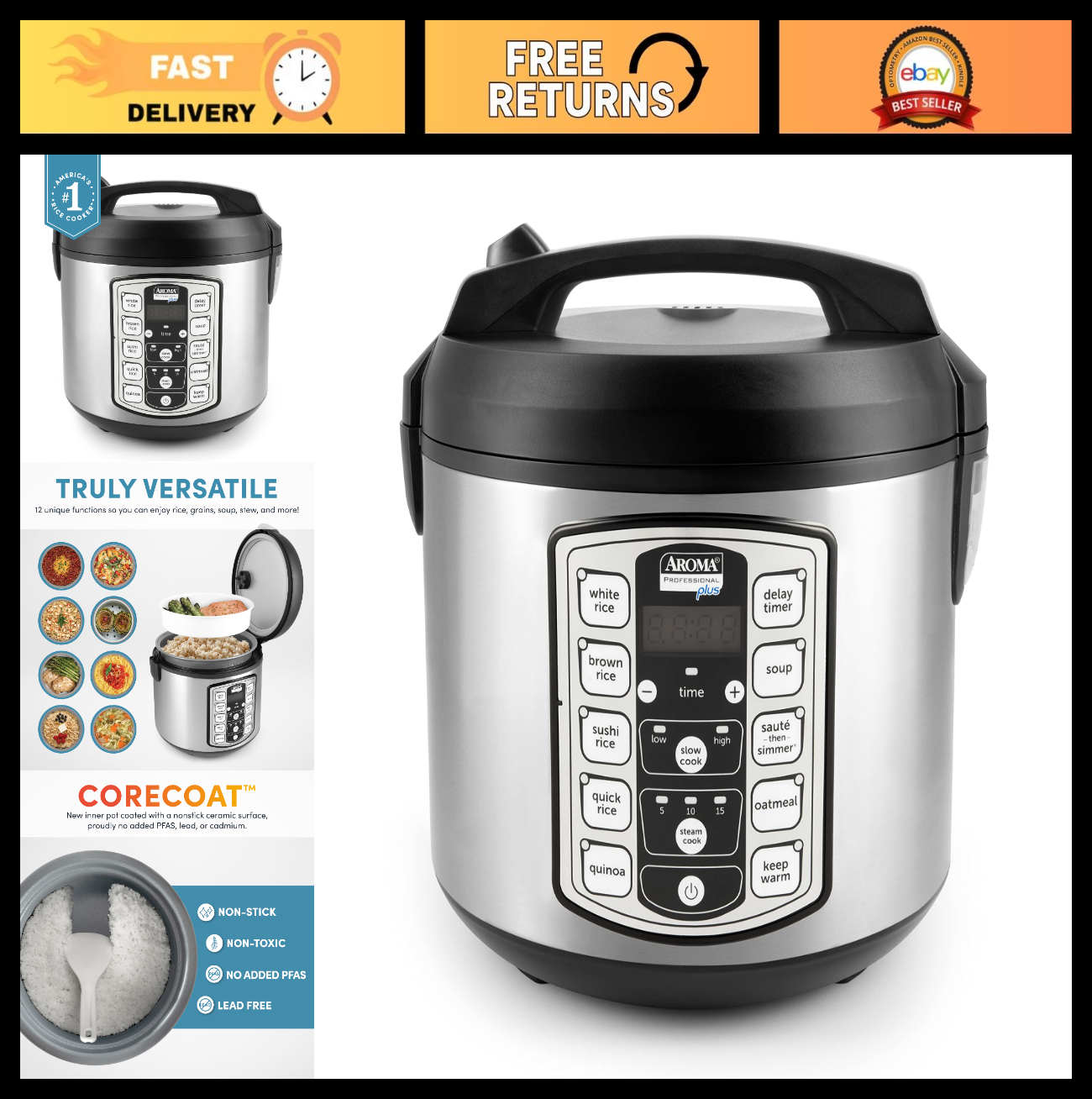 20-Cup Digital Rice Cooker & Food Steamer - Stainless Steel, Nonstick Pot, Slow0
