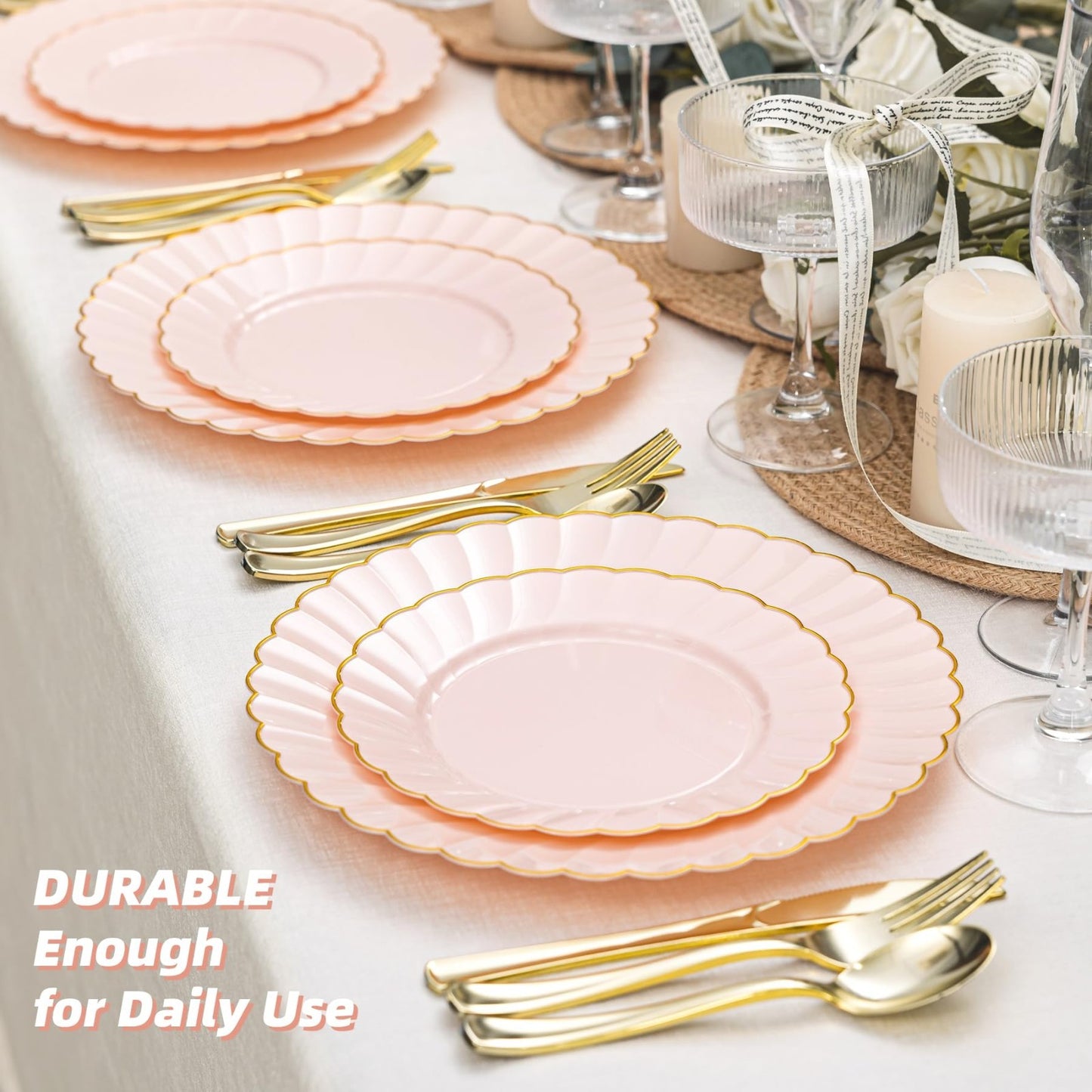 240PCS Pink Gold Scalloped Plastic Plates & Silverware Set for 48 Guests - Fancy2
