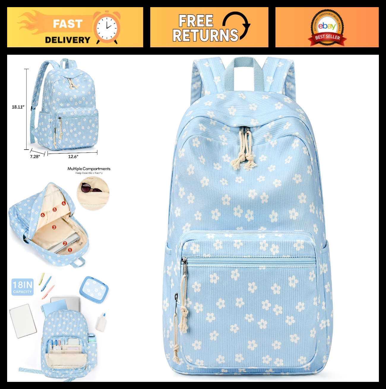 Stylish Preppy Corduroy Kids Backpack   Cute School Bookbag for Girls0