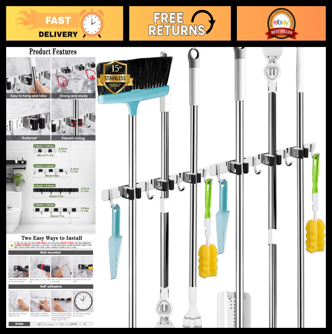 2 Pack Wall Mount Broom Holder - 3 Racks & 4 Hooks Mop Organizer Storage0