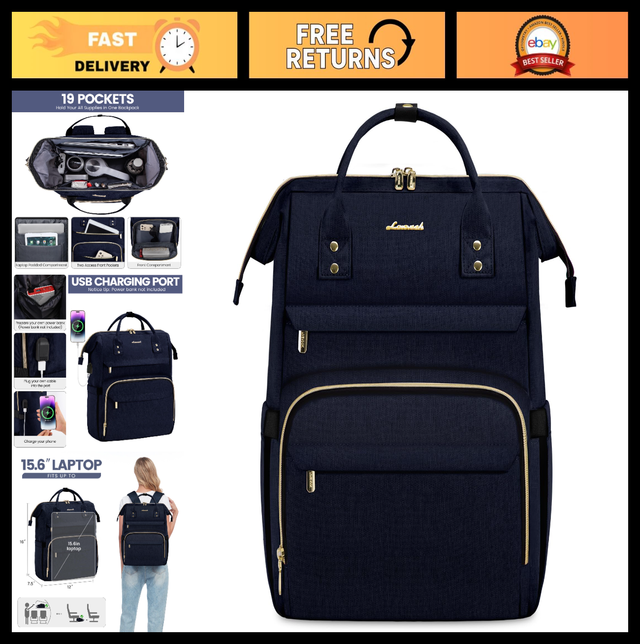 Stylish 15.6" Laptop Backpack for Women, Waterproof Travel Bag with USB Port, Pe0