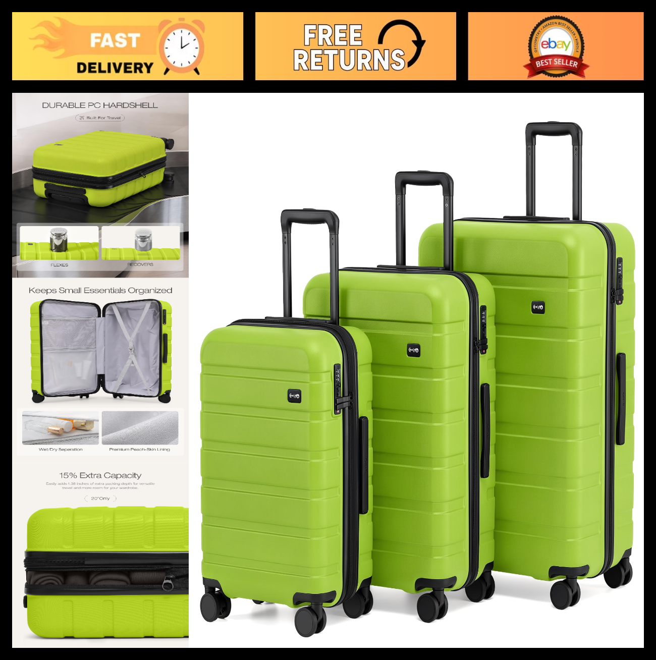 Lightweight 3-Piece Hardshell Luggage Set - Expandable, 360° Spinner Wheels, TSA0