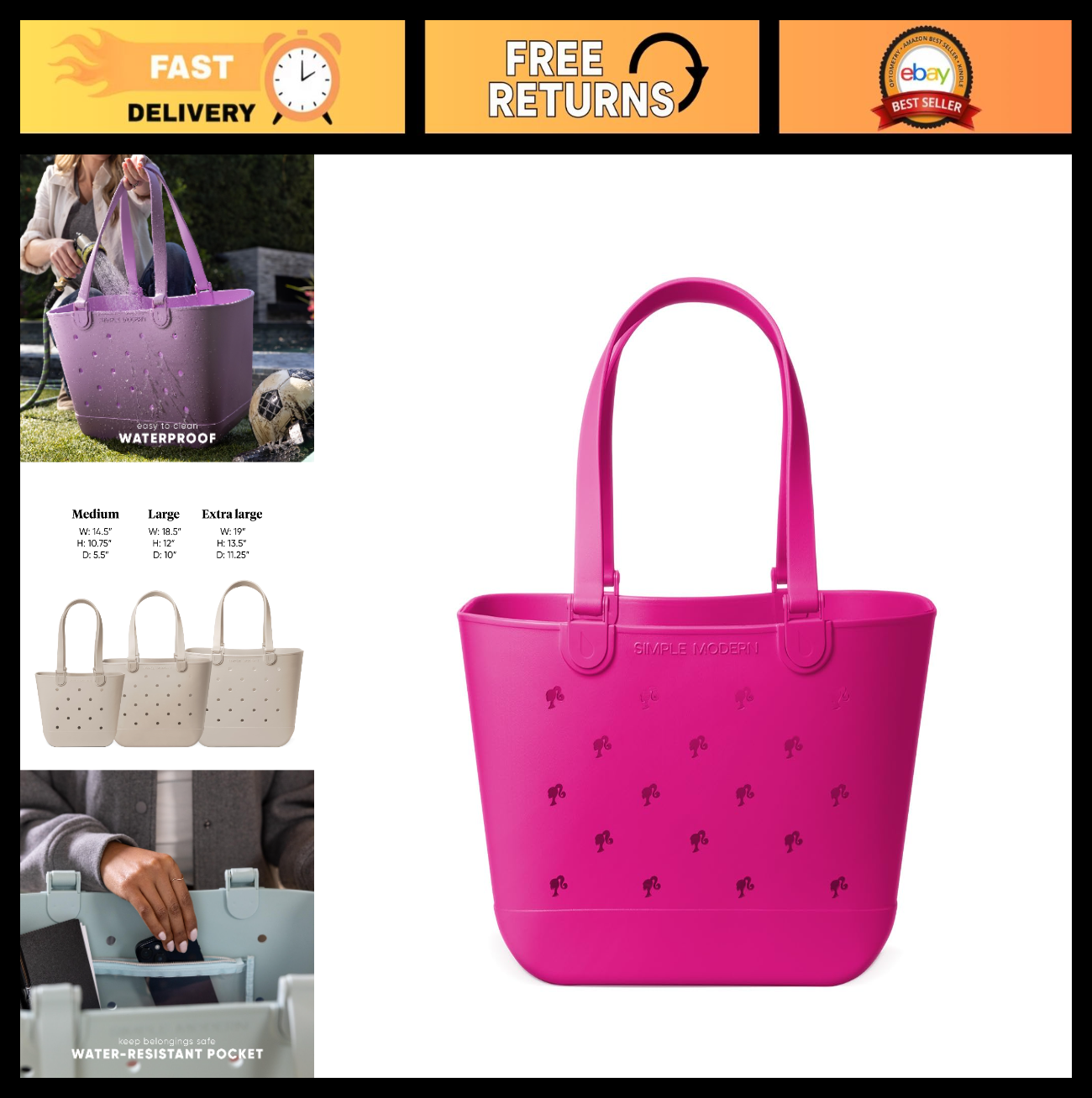 Large Waterproof Rubber Beach Tote Bag with Zipper Pocket | Travel, Pool & Groce0
