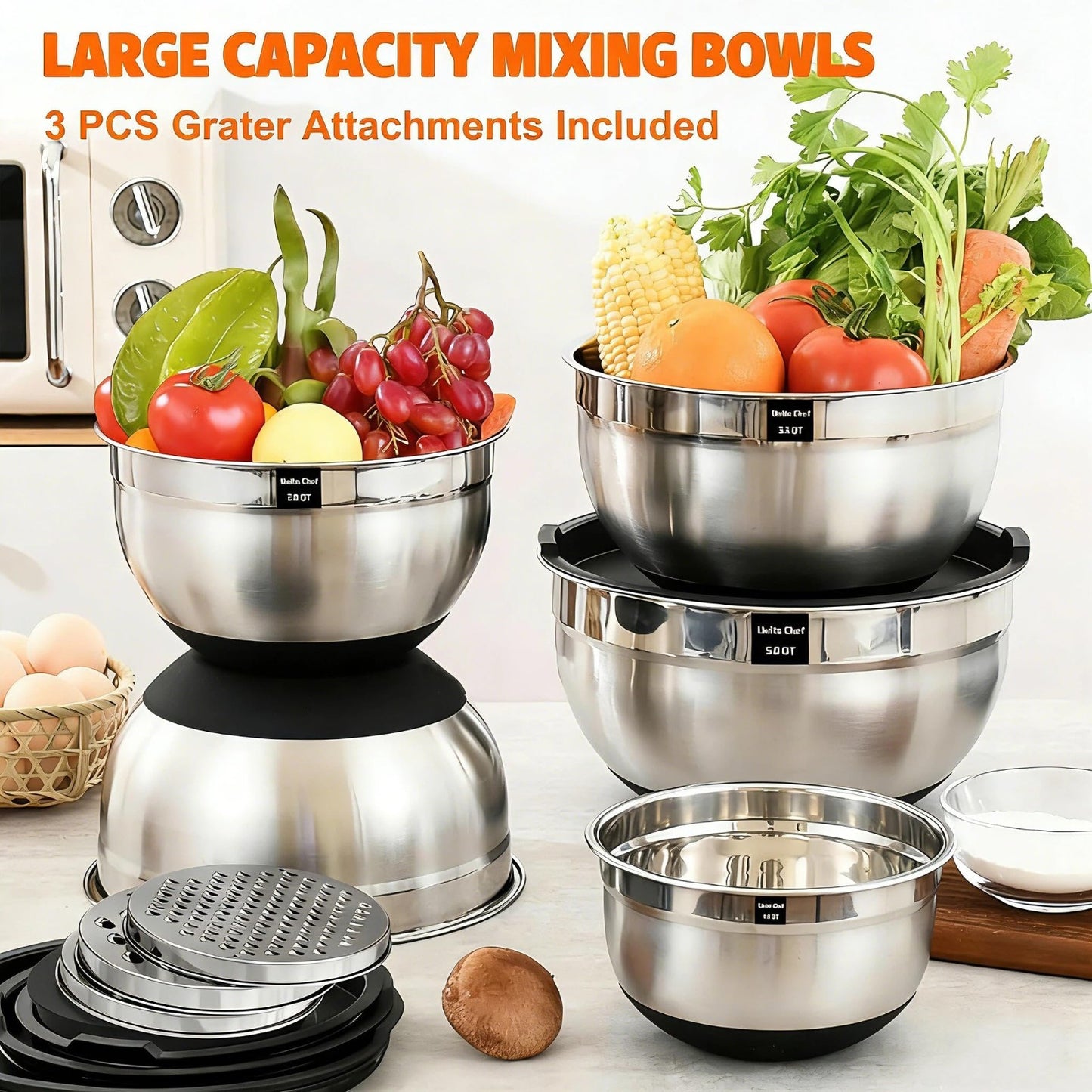 Heavy Duty 26pcs Stainless Steel Mixing Bowl Set with Lids & Grater, Non Slip, 72