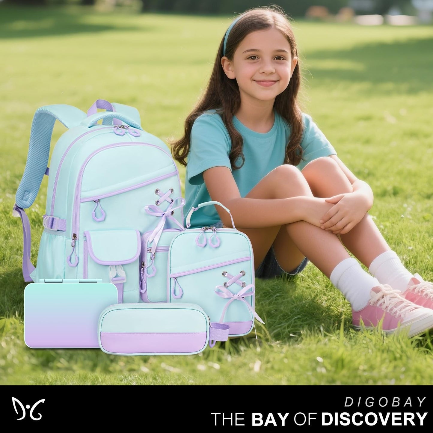 Girls' Backpacks Set   6PCS with Bento Box, Lunch Bag & Pencil Pouch   Aquamarin8