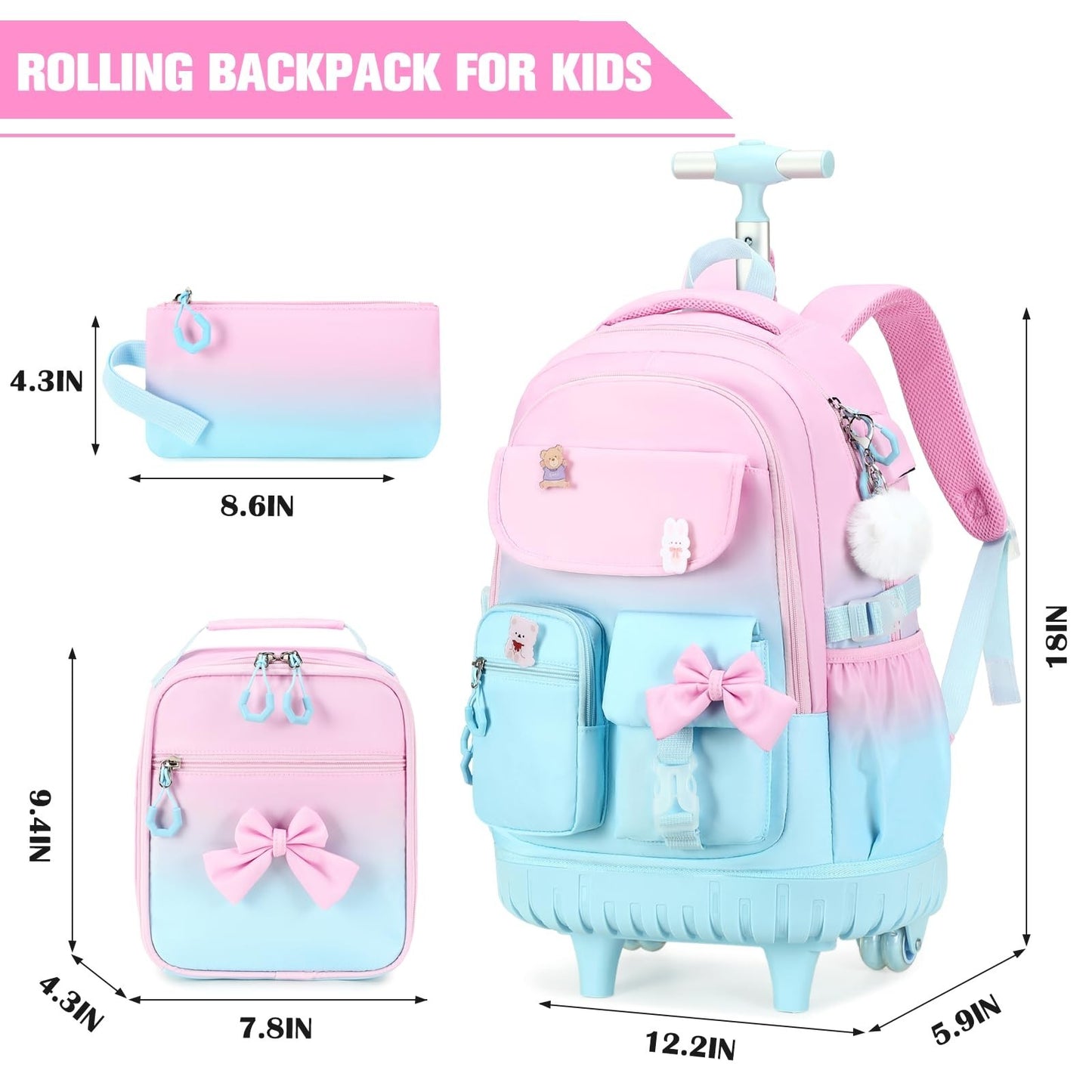 Rolling Backpack for Girls   Wheeled School Bag with Lunch Bag & Pencil Pouch, P2