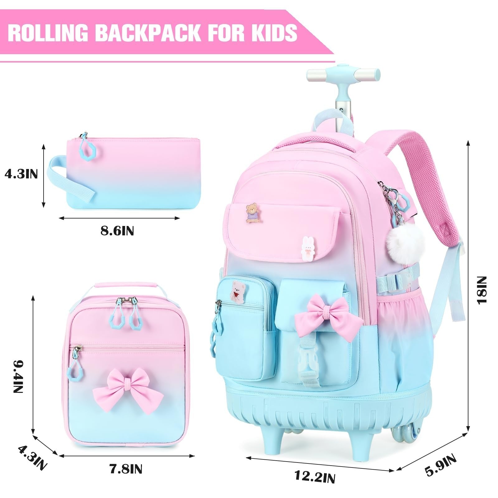 Rolling Backpack for Girls   Wheeled School Bag with Lunch Bag & Pencil Pouch, P2
