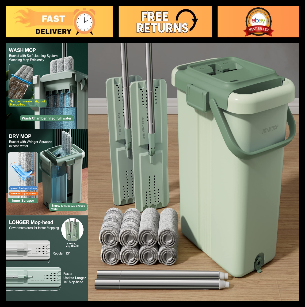Flat Mop System with Bucket Set - Microfiber Mop for Home & Commercial Cleaning,0
