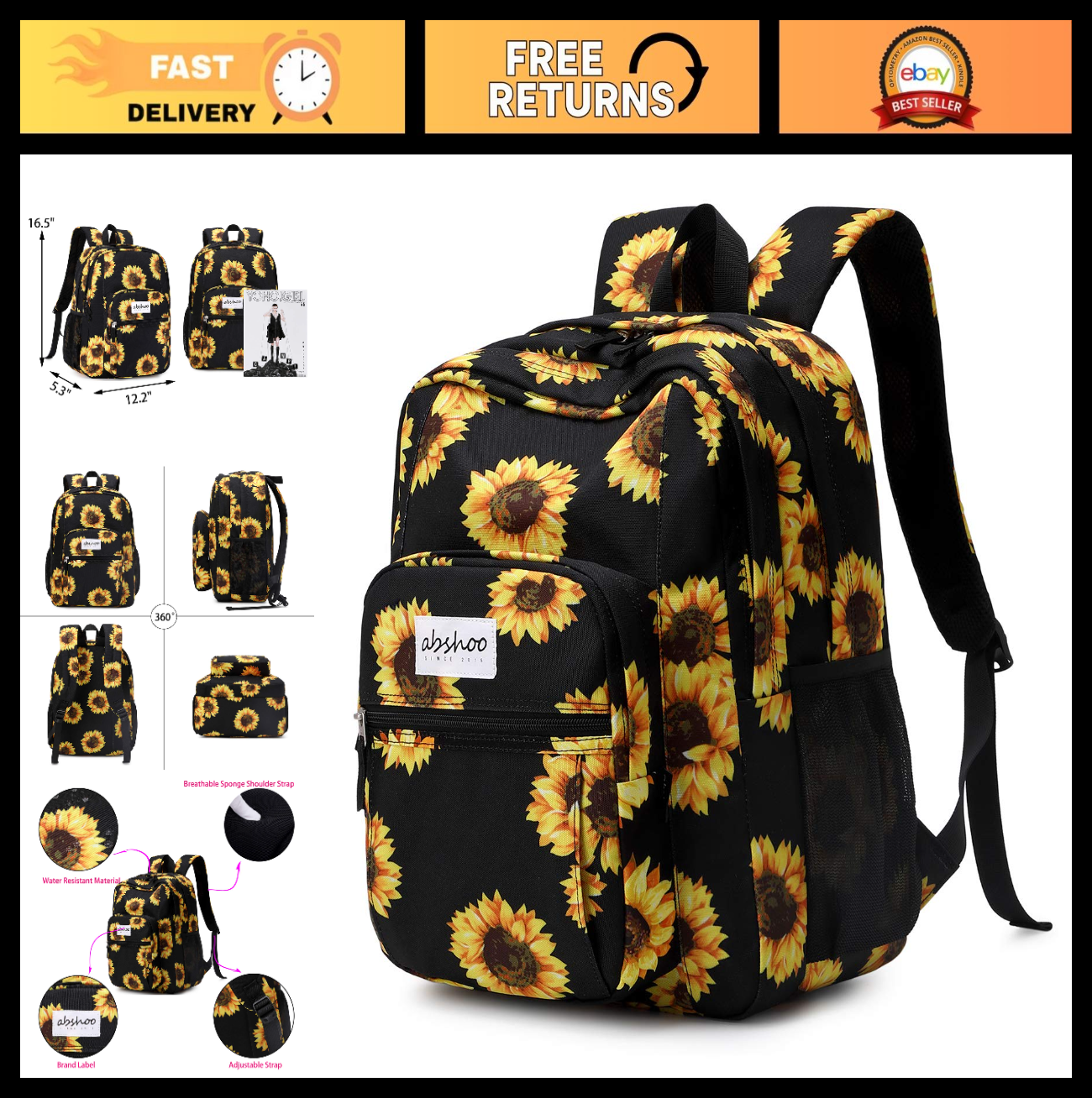 Sunflower Print Women's Backpack, Water Resistant School Bag for Teens, College0