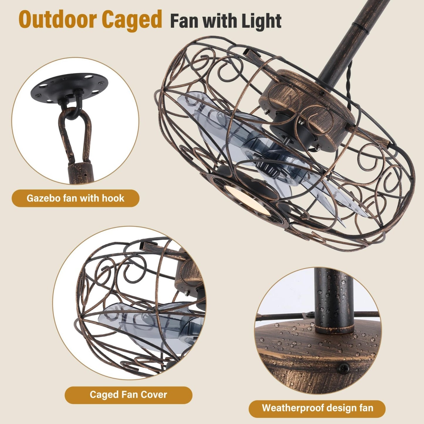 15" Outdoor Ceiling Fan with Light, Remote/APP Control, 6 Speeds, Caged Design f5