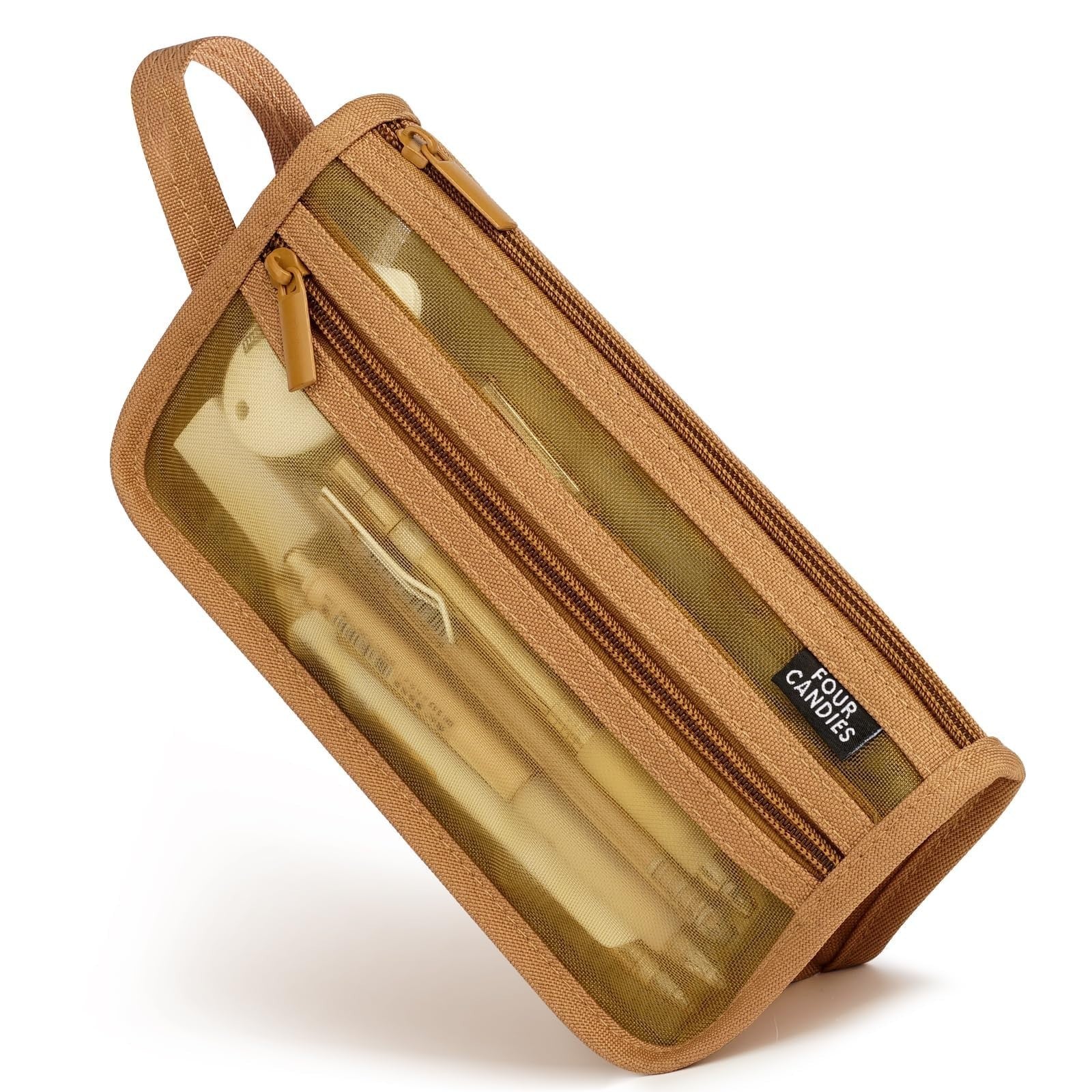 Clear Double Layer Pencil Case with Handle, Zippered Mesh Pouch, Travel Makeup B1