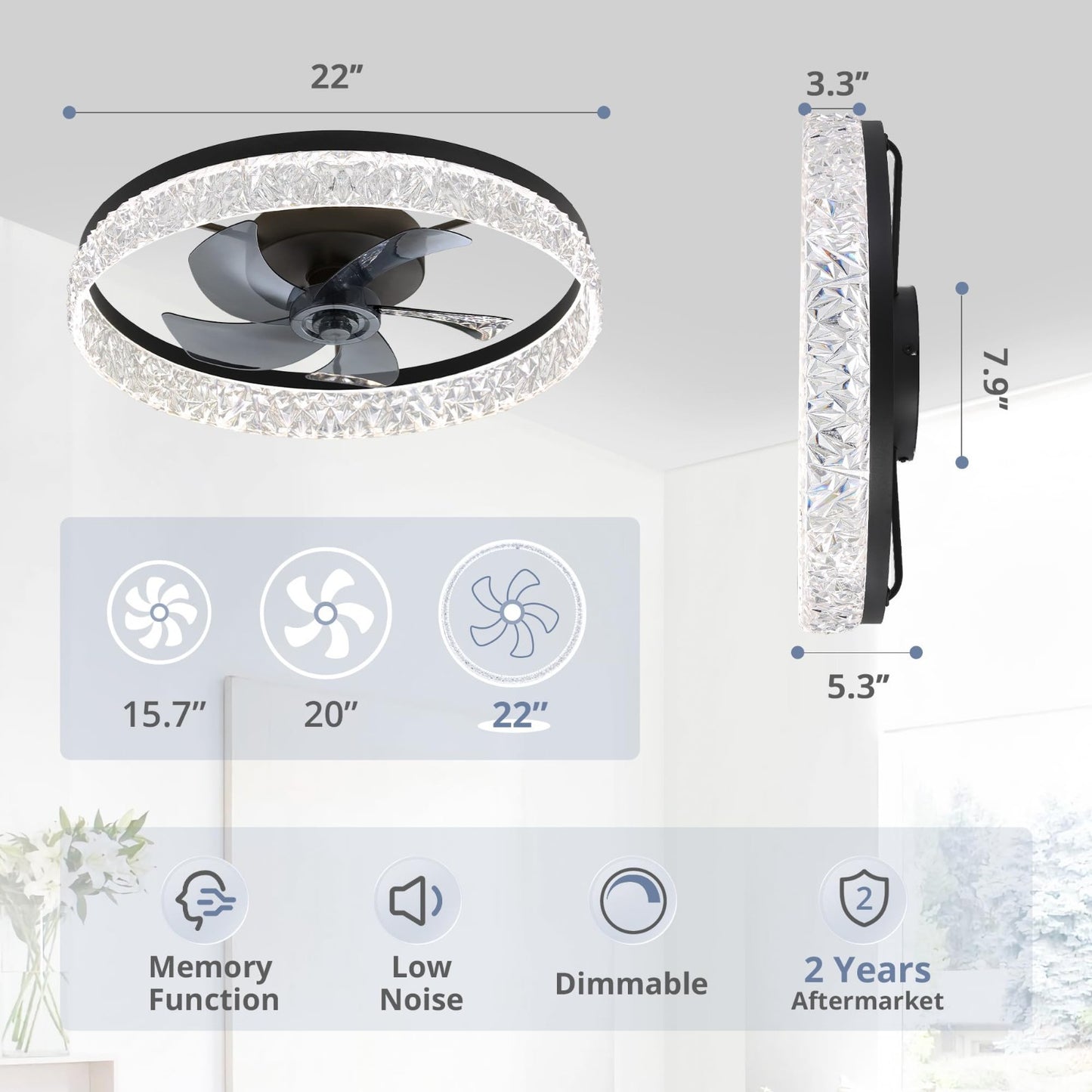 22" LED Ceiling Fan with Lights & Remote   Dimmable, 6 Speeds, Flush Mount, Time2