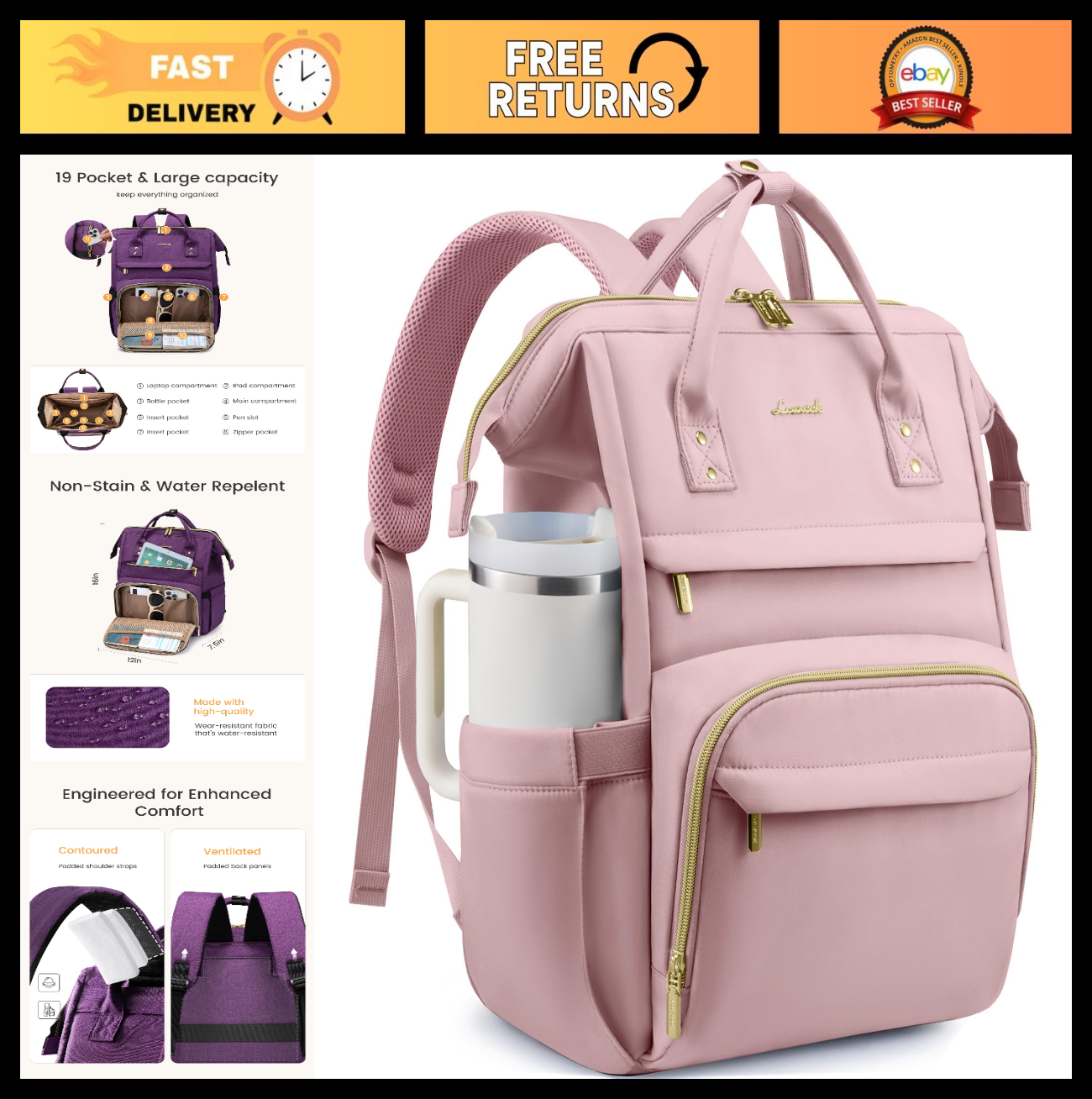 Stylish Waterproof Laptop Backpack for 15.6" Laptops, TSA Approved, Large Cup Ho0