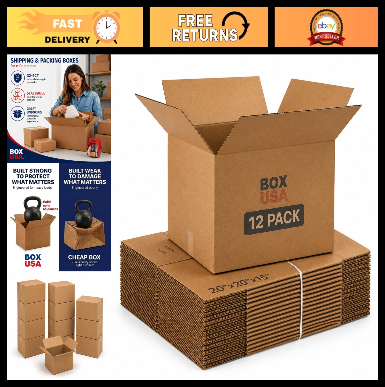 Large Corrugated Moving Boxes 20"x20"x15" (12 Pack)   Heavy Duty Shipping & Stor0