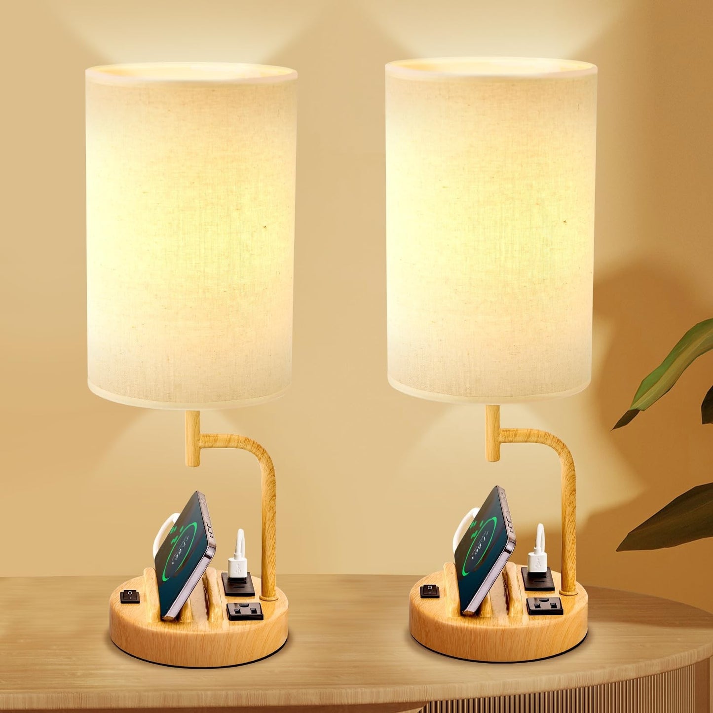 Modern Table Lamp with 3 USB Ports & AC Outlet, Bedside Desk Light   Pack of 22