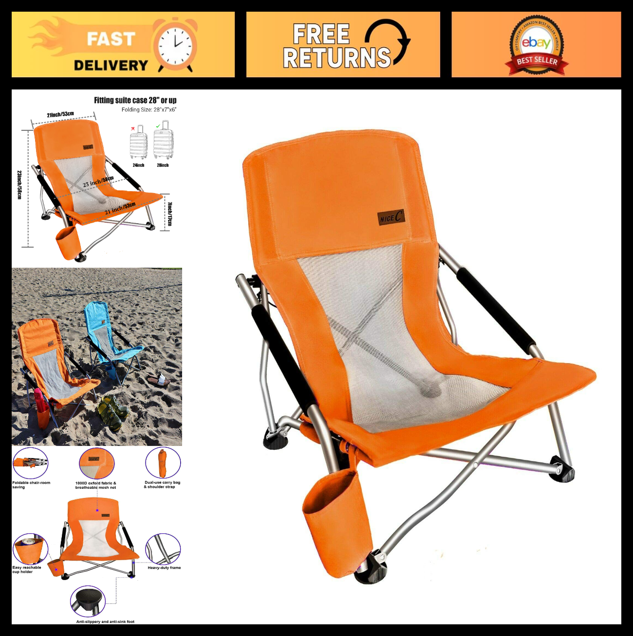 Compact Folding Beach Chair with Cup Holder - Heavy Duty Outdoor Camping, Travel0