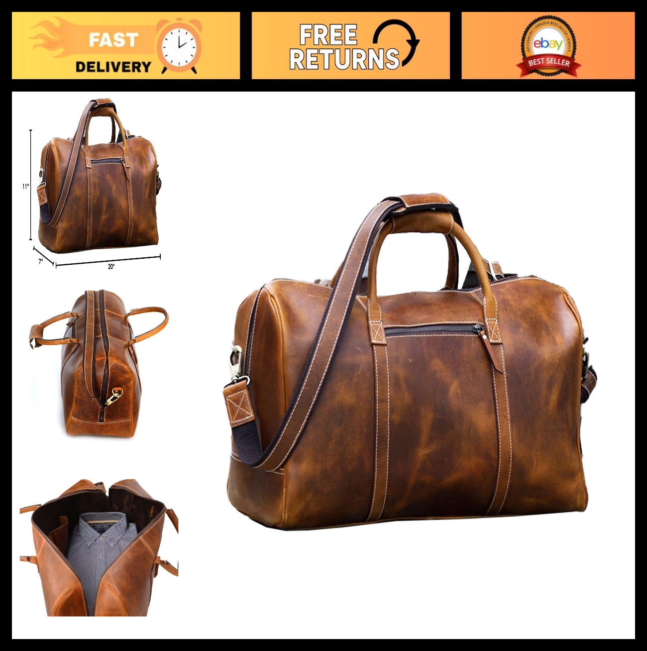 Leather Duffle Bag for Travel, Overnight & Weekend - Unisex Gym Holdall0