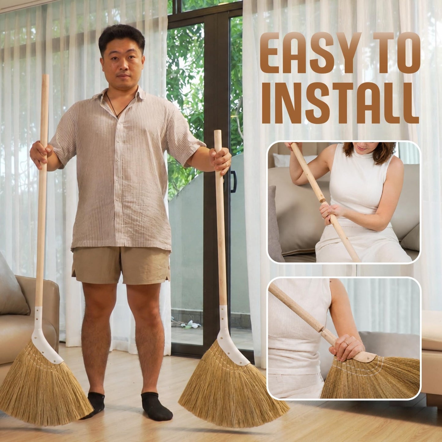 Natural Indoor Grass Broom - Long Handle Broom for Home, Garage, Office & Kitche4