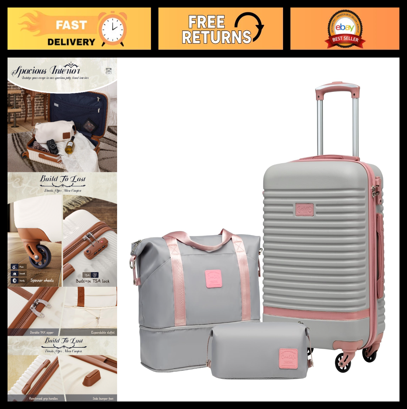 3-Piece Carry-On Luggage Set, Gray Pink - 360° Spinner Wheels, Trolley Sleeve, W0