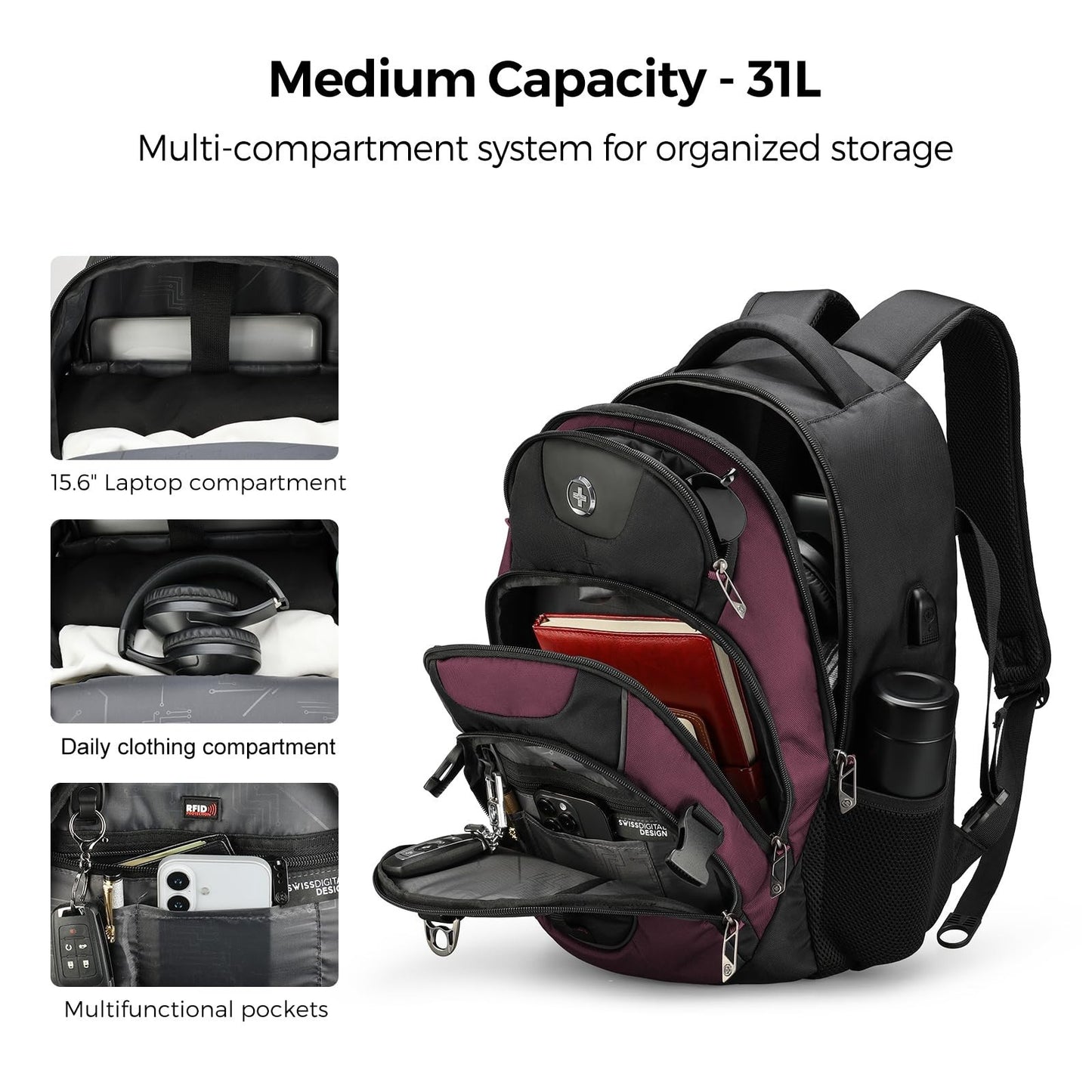 Stylish Travel Laptop Backpack with USB Charging, Fits 15.6" Computer, 31L, Red/4