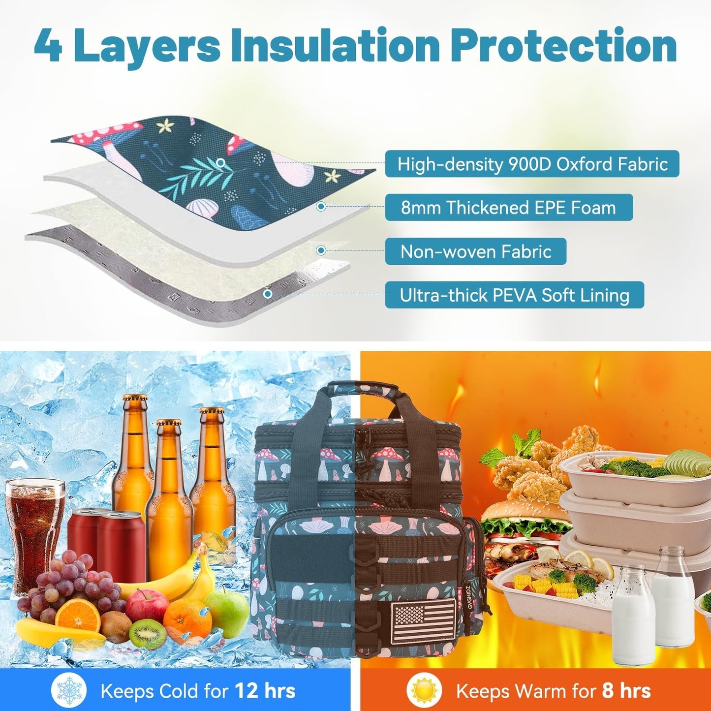 Insulated Tactical Lunch Bag - Large Leakproof Cooler with Dual Compartments, Wa3