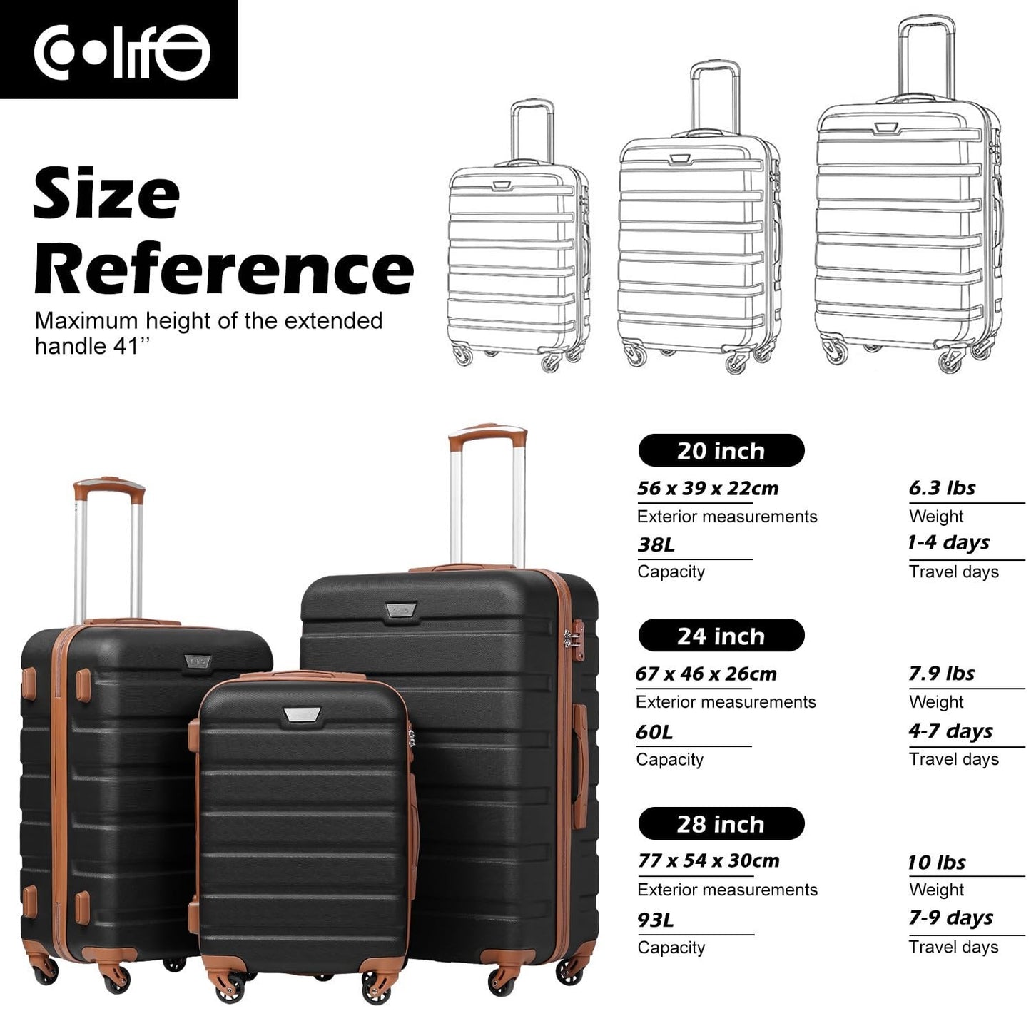 Lightweight 3-Piece Hardshell Luggage Set, 360° Spinner Wheels, TSA Lock, Aprico6