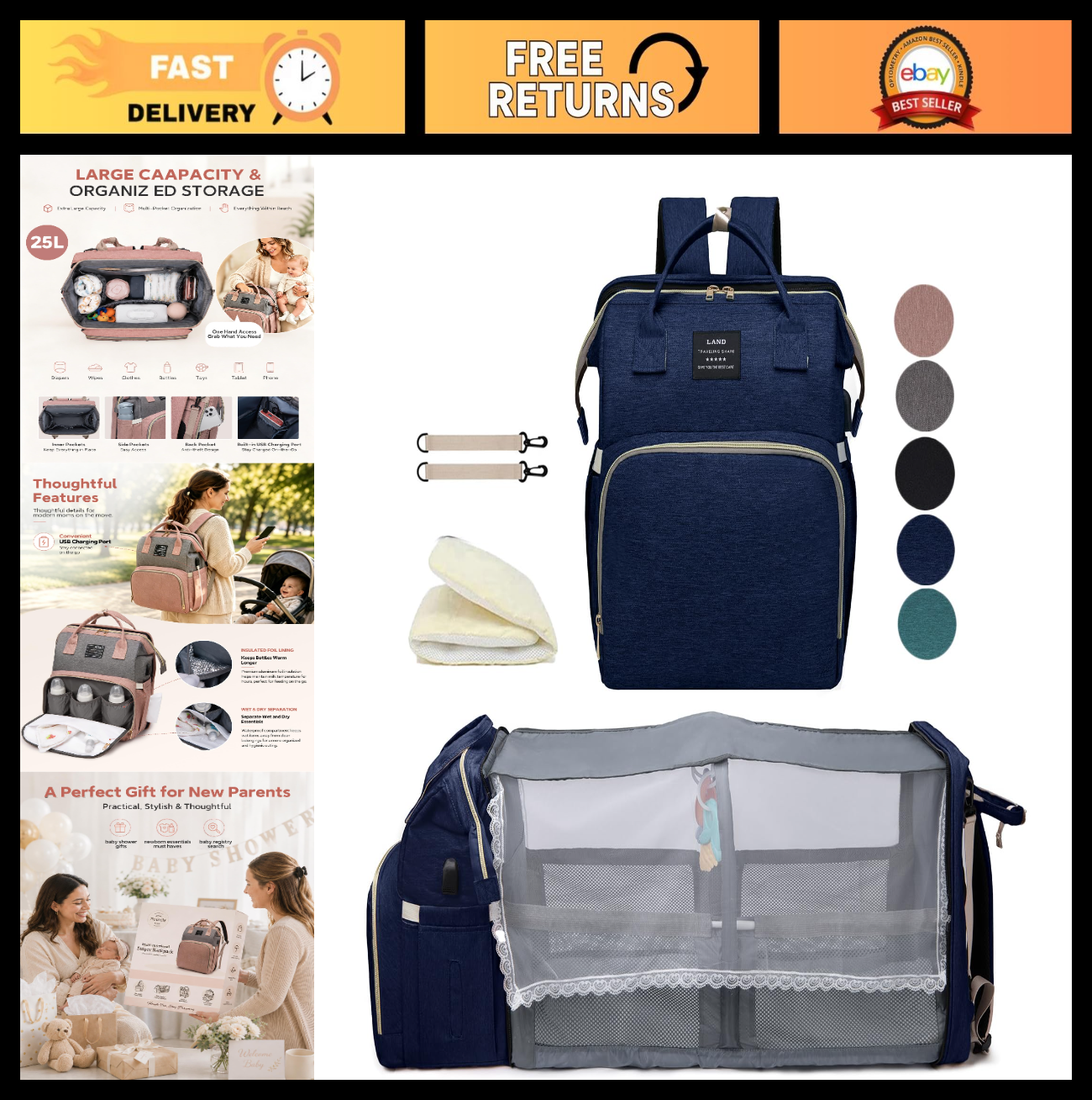 Large Capacity Diaper Bag Backpack with Changing Station, 25L, Travel Essential0