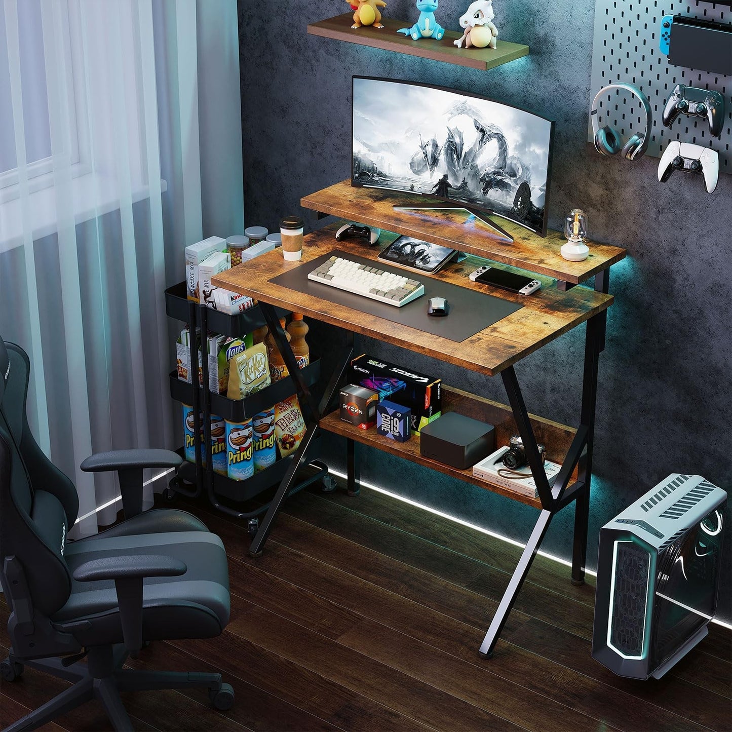 Compact Computer Desk with Adjustable Monitor Stand & Storage - Rustic Brown2