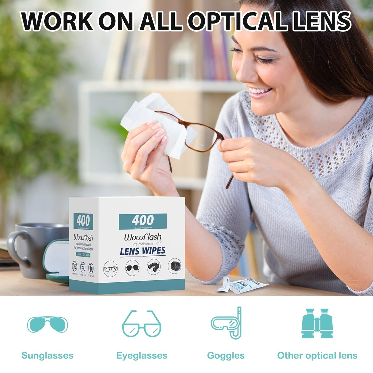400 Count Pre-Moistened Lens Wipes | Scratch-Free Streak-Free Cleaner for Eyegla2