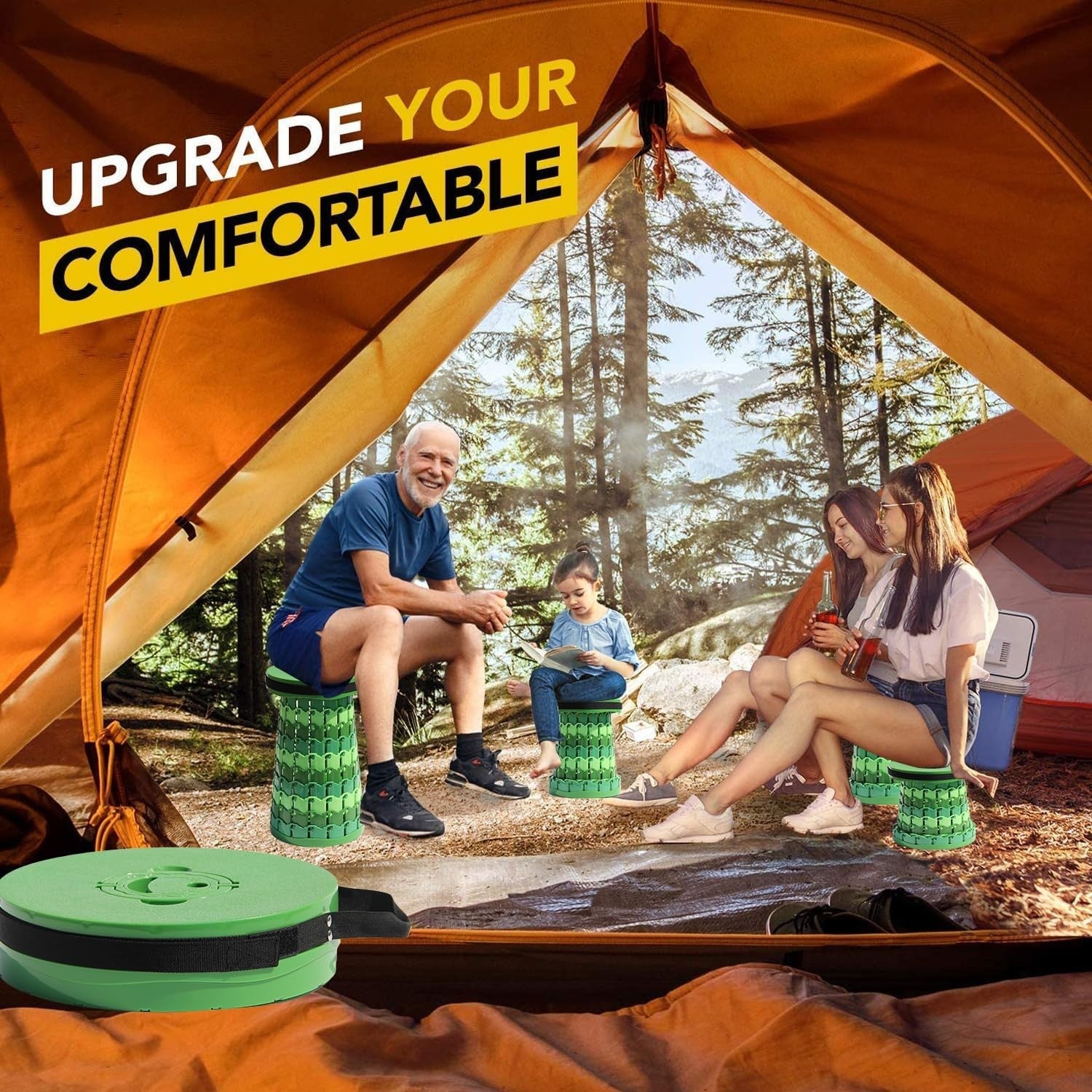 Heavy Duty 19.7" Portable Folding Stool with Cushion - Telescoping Camp Seat, 102