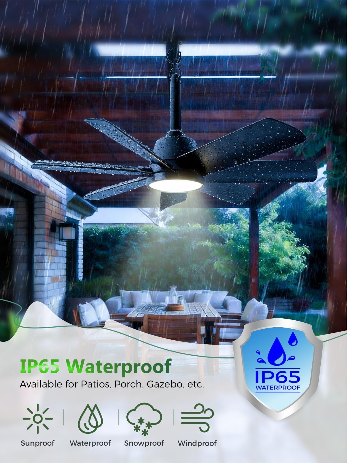 28" Outdoor Ceiling Fan with Light & Remote   Waterproof, 6 Speed, Dimmable, Por4