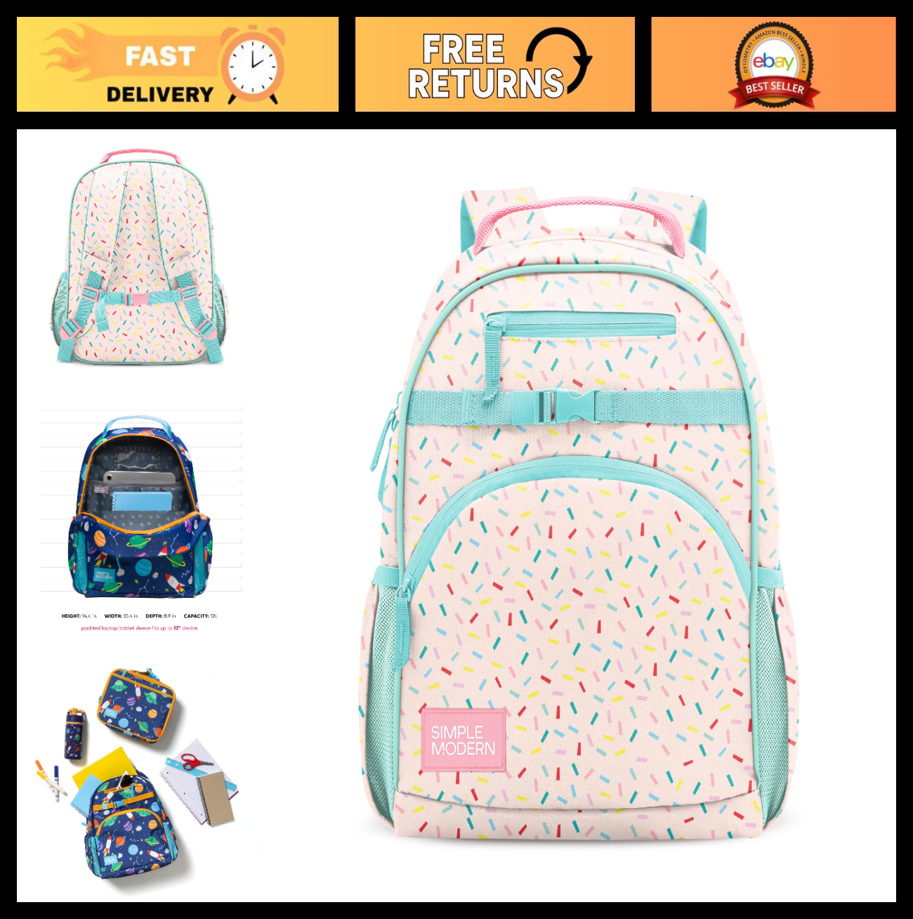 Kids School Backpack 12L   Colorful Confetti Design for Boys & Girls, Durable &0