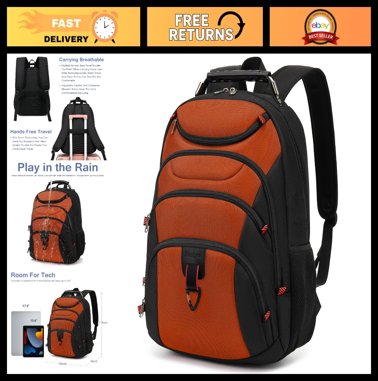 Waterproof 15.6" Laptop Backpack with USB Port, Anti Theft Travel Bag, Casual Bo0