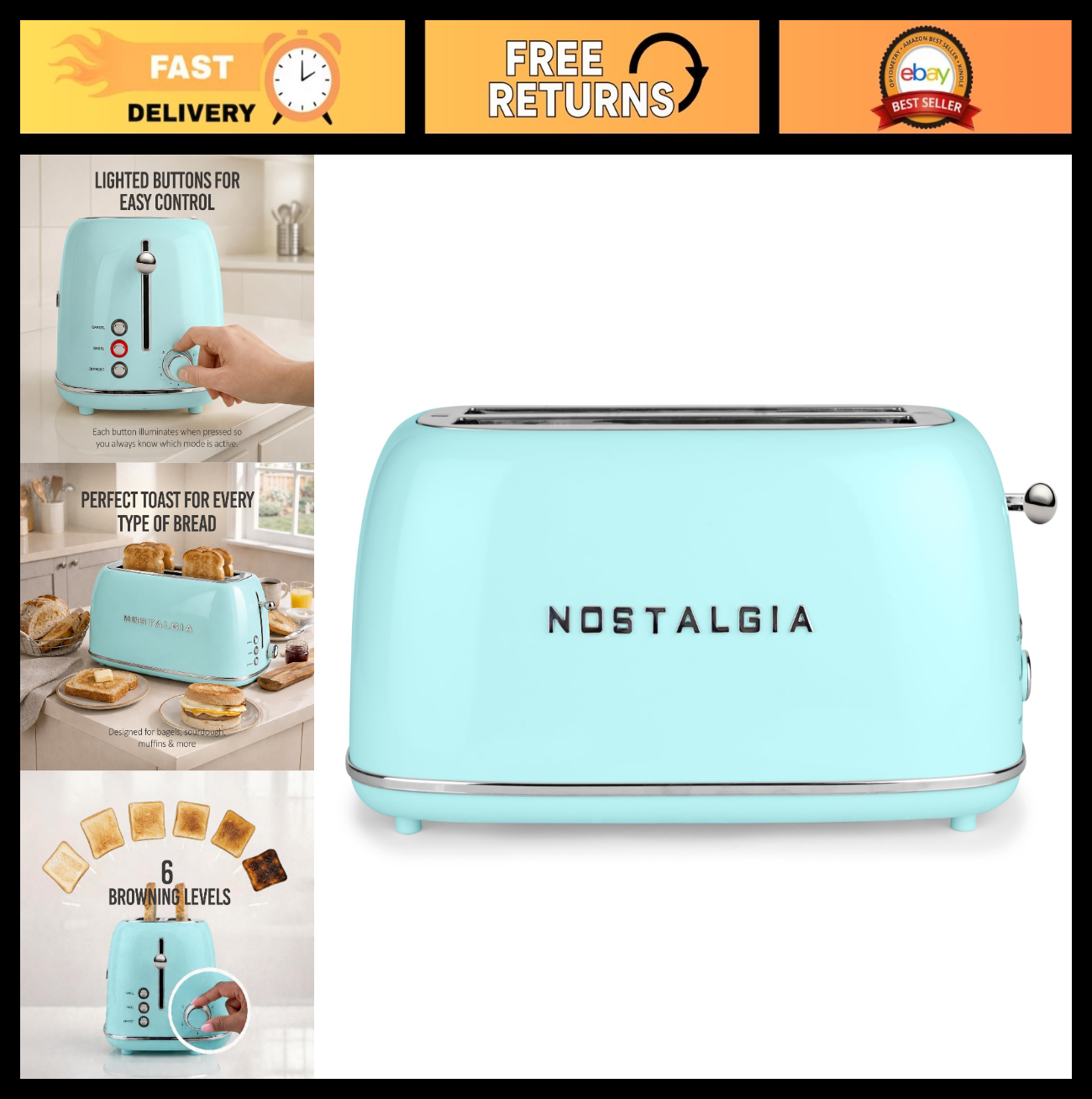 Retro 4 Slice Toaster   Vintage Design, Wide Slots, Crumb Tray, 6 Toast Levels,0