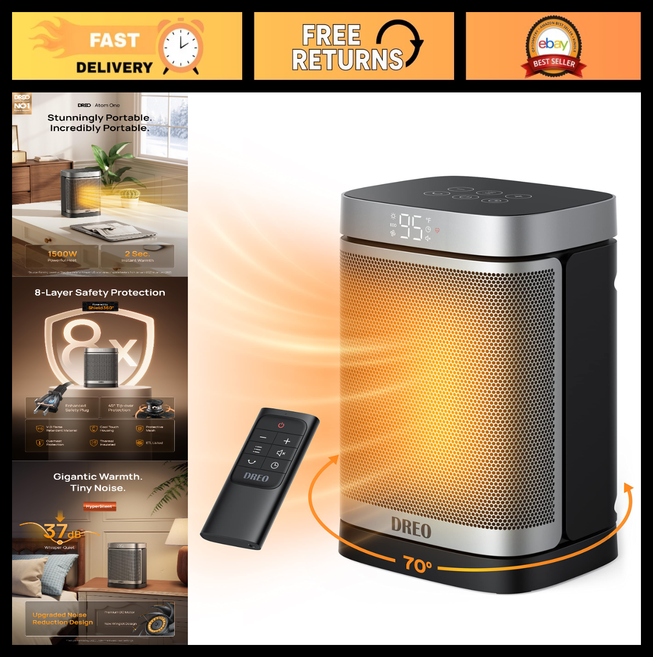 Portable Electric Space Heater with Thermostat, 70° Oscillation, Remote, 12H Tim0