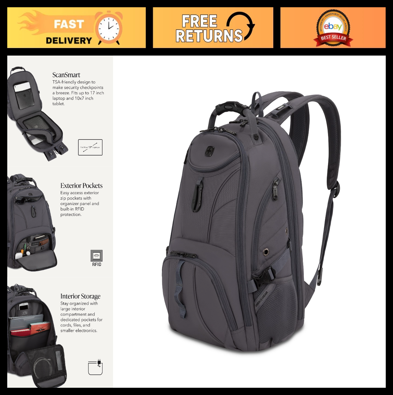Large TSA Friendly Laptop Backpack for 17" Laptops, RFID Protection, Tablet Pock0