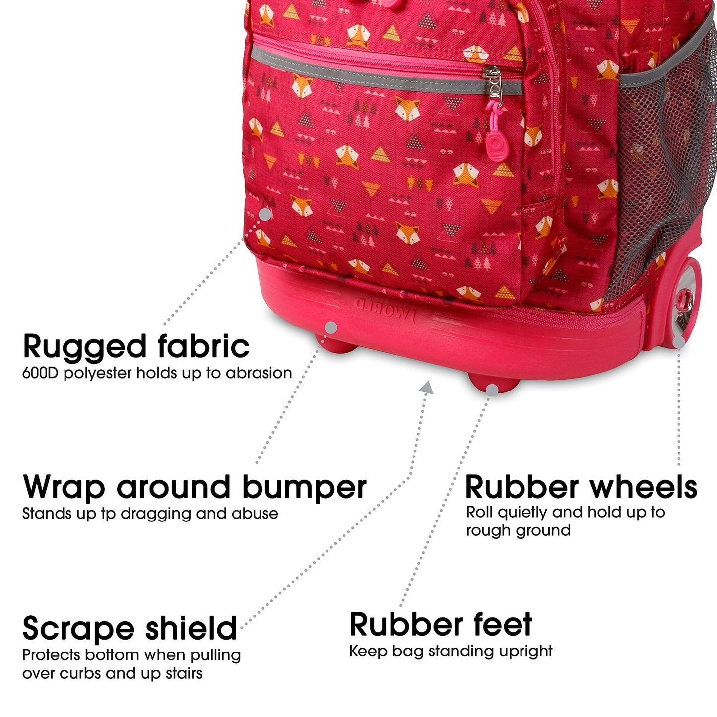 Kids Rolling Backpack with Wheels, 18" School Bookbag for Girls & Boys, Fox Desi3