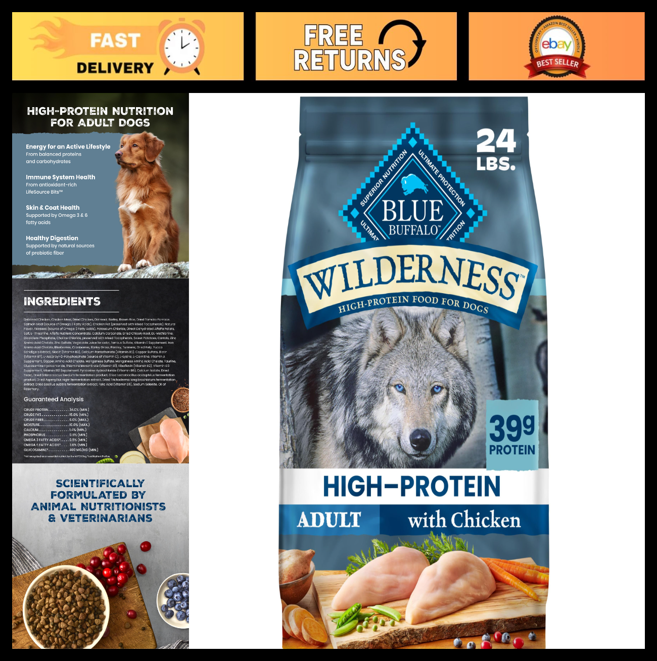 High Protein Wilderness Chicken & Wholesome Grains Dry Dog Food, 24lb   Adult Fo0