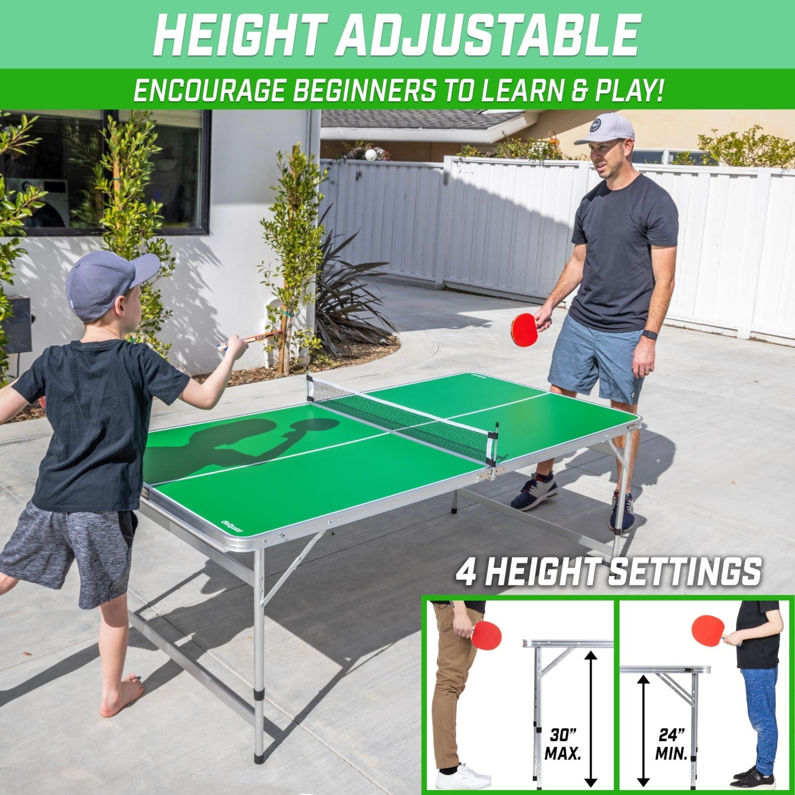 6x3 ft Adjustable Height Table Tennis Table Set - Indoor/Outdoor Game - Green/Bl3