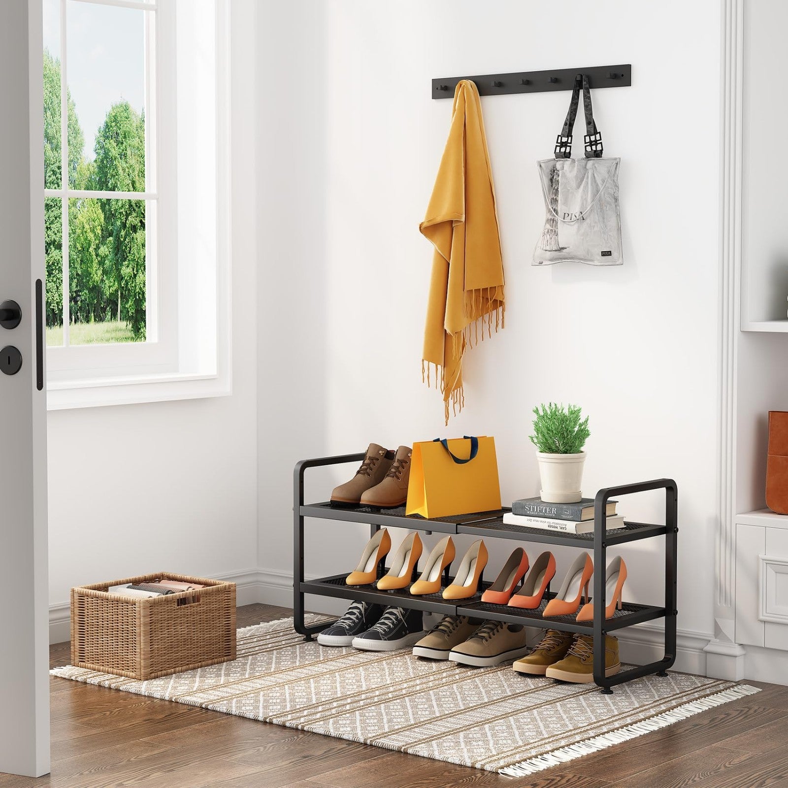 Expandable 2 Tier Metal Shoe Rack   Adjustable Height, Stackable, Fits Small Spa2